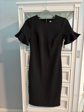 Calvin Klein Black Midi Sheath Dress with Ruffle Sleeves